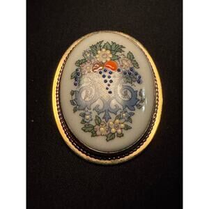 Vintage Lenox Porcelain Hand Painted Fruit Basket Brooch